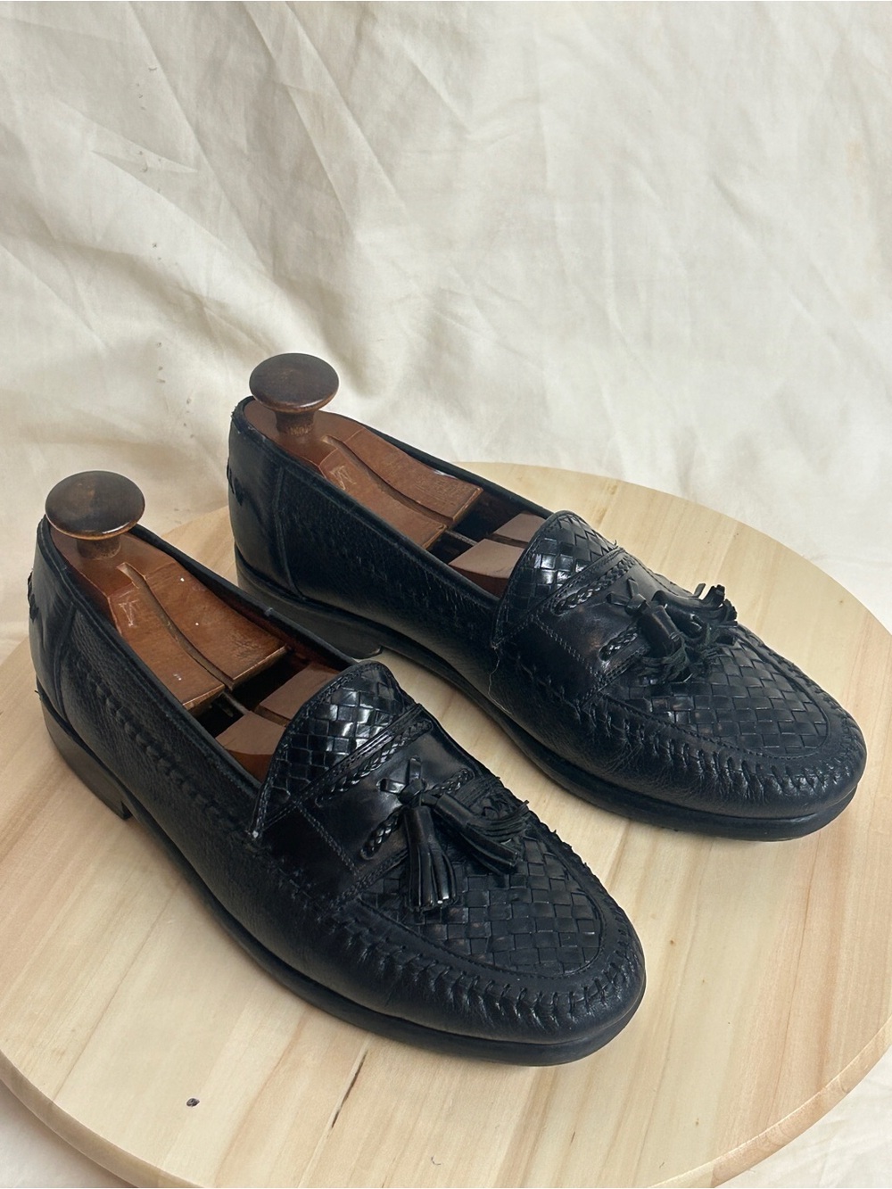 Brass Boot Men's Black Leather Woven Tassel Slip-On Loafer Dress Shoes 8.5